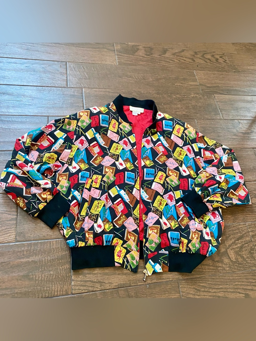 Vintage 1993 Spencer Jeremy 100% Silk Bomber Jacket Matchbook Print Size L